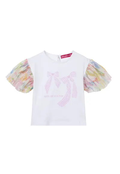 Tricou cu aplicatie cu funda - Alb - Albastru lavanda - Portocaliu persan