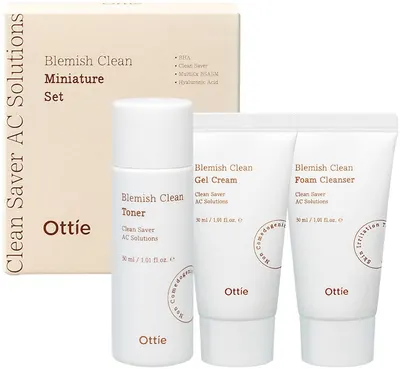 Ottie Blemish Clean Set - Spumă de curățare, Toner și Gel-cremă, 3 x 30 ml