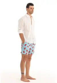 Pantaloni scurti de baie cu model si snur - Albastru azur/Rosu vermillion