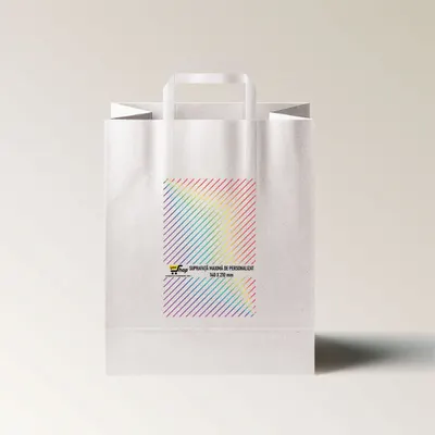 Pungi personalizate fata sau fata verso, 32+16 x 39 cm, hartie alba, maner banda, 80g