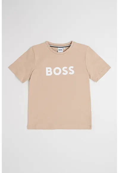 Tricou din bumbac cu imprimeu logo si decolteu la baza gatului - Maro camel