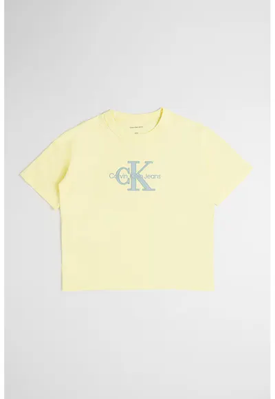 Tricou cu logo si decolteu la baza gatului - Albastru prafuit/Galben pai