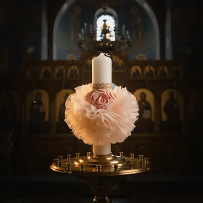 Lumanare de botez cu trandafiri roz si tulle fin