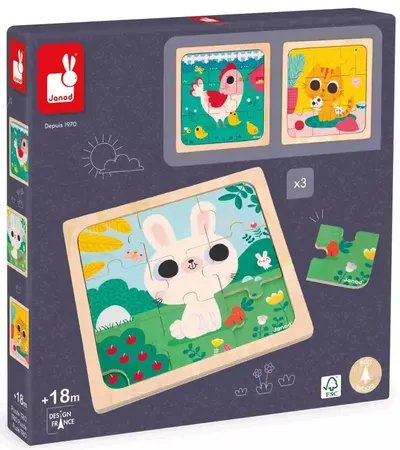 Set de puzzle-uri din lemn Janod - Trio, cu animale