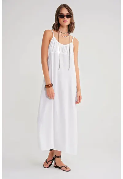 Rochie Maxi - bretele - detalii incretite - Alb - Textil