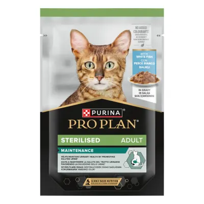 PURINA Pro Plan Sterilised Maintenance, Pește alb, plic hrană umedă pisici sterilizate, (în sos), 85g