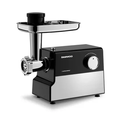 Masina de tocat carne Daewoo, 2000 W, 2.5 kg/minut, 3 discuri de taiere, lama din inox, functie reverse, Negru