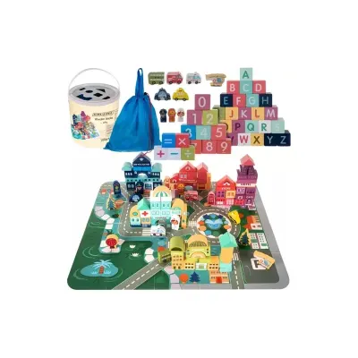 Set construit oras pentru copii, 100 piese lemn, sortator forme, stimuleaza creativitatea si coordonarea mana-ochi