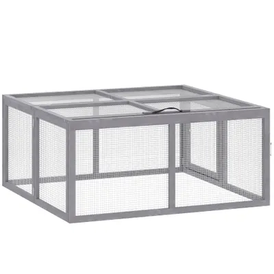 PawHut Adăpost pentru iepuri exterior Țarc pliabil din lemn Acoperiș rabatabil și mâner pentru găini și rațe 110x105x50cm Gri | Aosom Romania