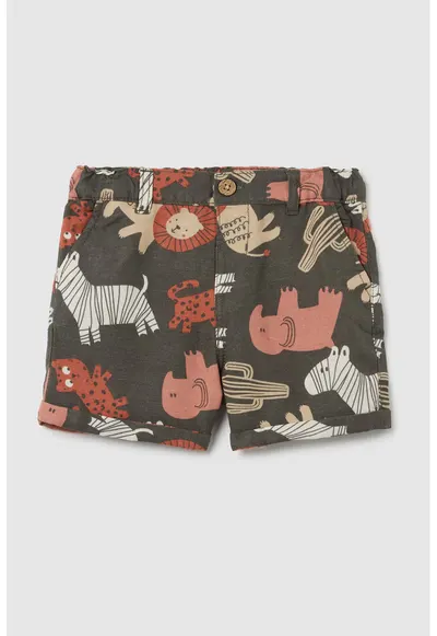 Pantaloni scurti din amestec de in cu model cu animale - Portocaliu/Verde feriga