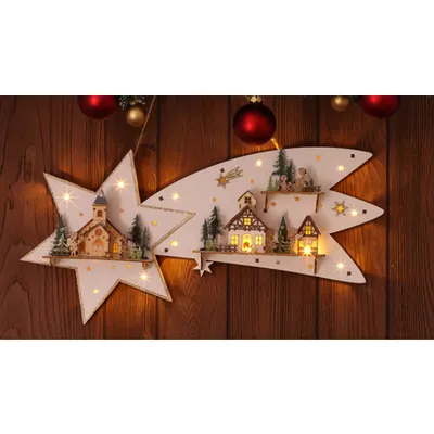Stea LED de Craciun cu peisaj,alb, din lemn, cu baterii Timer 6+18h,13LED, 3000K, 2xAA