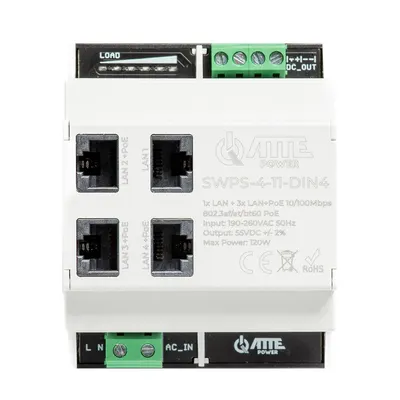Switch PoE cu 4 porturi ATTE Power SWPS-4-11-DIN4, 10/100 Mbps, sursa alimentare, sina DIN
