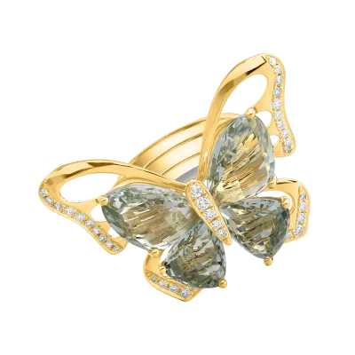Inel fluture din aur galben cu ametiste verzi de 11.5ct si diamante de 0.38ct