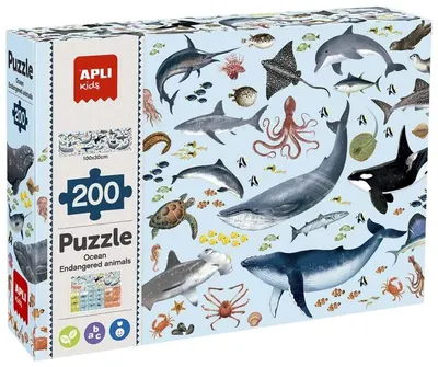 Puzzle educațional Apli Kids - Animale pe cale de dispariție în ocean, 200 piese