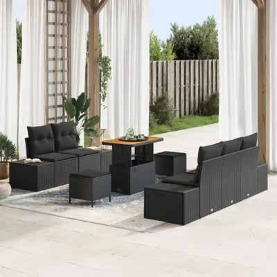 Set canapea gradina Gossi 8 piese cu perne negre poli ratan acacia, canapea gradina Gossi 2 locuri cu depozitare si perne negre poli ratan, set dining gradina Gossi 3 piese cu perne negre poli ratan acacia
