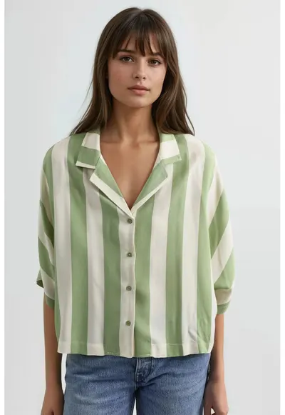 Camasa dama - cu dungi - croiala relaxata - alb-verde - textil