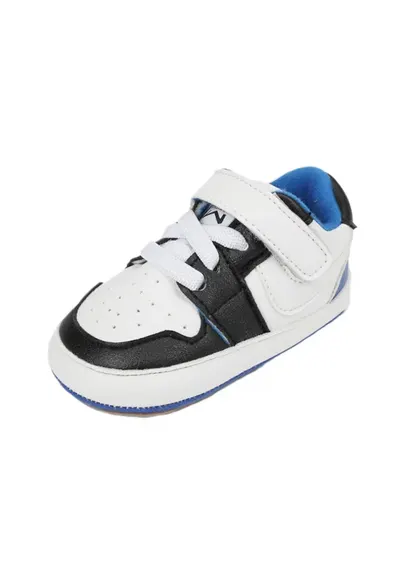 Pantofi Sport Model Smart - Piele ecologica - Baieti - Siret - Velcro - Alb/Negru/Albastru