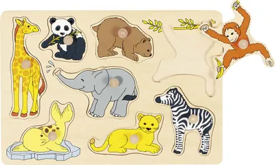 Puzzle din lemn cu manere Goki - Pui de animale din Africa