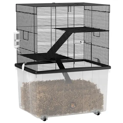 PawHut Cușcă pentru Hamsteri cu 3 Niveluri, Bază Adâncă, Roți Rampe, Bol și Sticlă, 58x43x74 cm, Negru | Aosom Romania