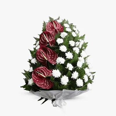 Jerba funerara cu crizanteme albe si anthurium rosu