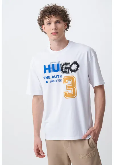 Tricou de bumbac cu logo frontal - Alb/Negru/Albastru royal