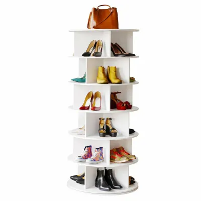 Raft rotativ pentru pantofi, 6 nivele, alb – Design modern din lemn și plastic