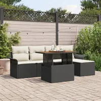 Set sofa gradina Gossi 6 piese cu pernite ratan poliat negru, sofa gradina Gossi 2 locuri cu spatiu depozitare & pernite ratan poliat negru