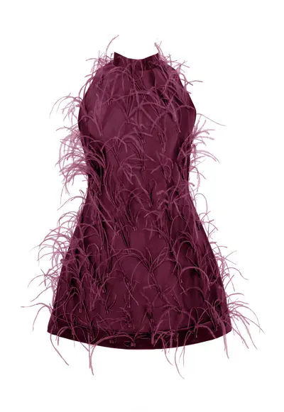 Rochie scurta cu pene ALMEEA - Visiniu