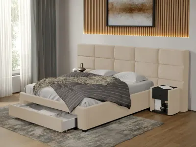 Pat tapitat Cico cu sertar 287 x 114 C2 din piele/stofa Bej - Falcone 102