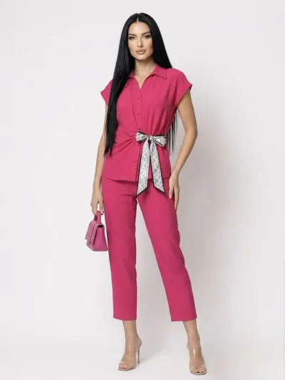 Compleu dama format din doua piese pantaloni vaporosi si camasa cu design deosebit