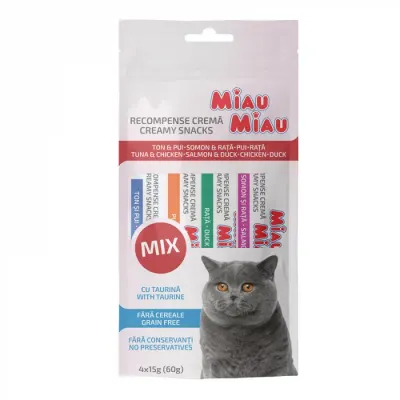 Recompense pentru pisici Miau Miau Creamy Snacks Mix cu pui ,rata ,somon ton 4 buc x 15 gr
