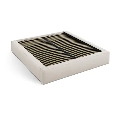 Pat matrimonial crem tapițat cu spațiu de depozitare cu somieră 200x200 cm Simon – Micadoni