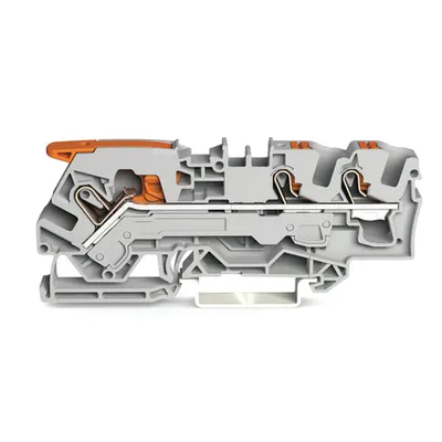 3-conductor through terminal block; with lever and push-button; 6 mm²; with test port; side and center marking; for DIN-rail 35 x 15 and 35 x 7.5; Push-in CAGE CLAMP®; 6,00 mm²; gray