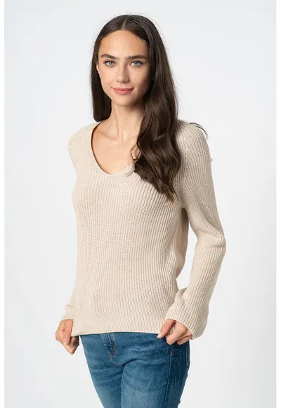 Pulover de bumbac organic cu decolteu en-coeur - Maro taupe deschis