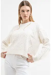 Pulover din amestec de lana cu model torsade - Alb
