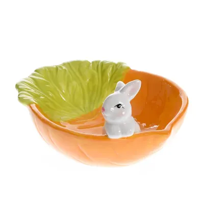 Bol decorativ din ceramica in forma de morcov cu iepuras 21 cm