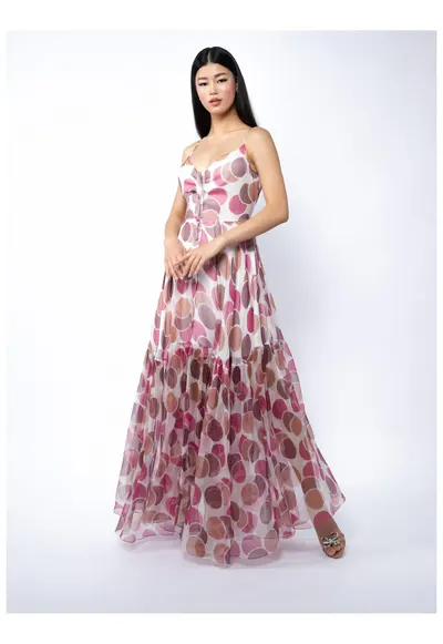 Rochie lunga din matase cu bretele si imprimeu cu buline - Multicolor
