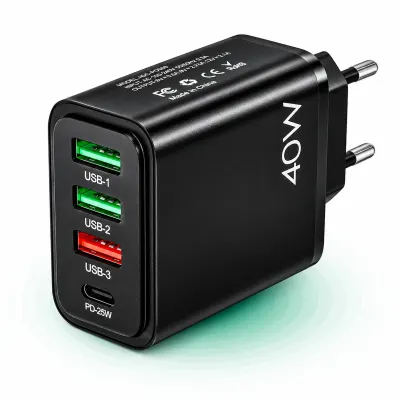 Incarcator Retea Timebox, 4 Porturi, 40W, 1 x Type-C, 3 x USB, Negru - Default Title