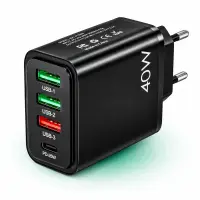 Incarcator Retea Timebox, 4 Porturi, 40W, 1 x Type-C, 3 x USB, Negru - Default Title