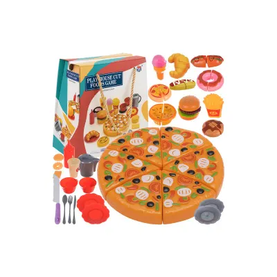 Set jucarii Fast food, pizza hot dog, hamburger, cu velcro, accesorii, 42 elemente, multicolor