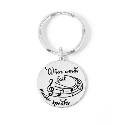 Music - Breloc personalizat pentru iubitorii de muzica "When words fail, music speaks" din argint 925 si inel din otel inoxidabil