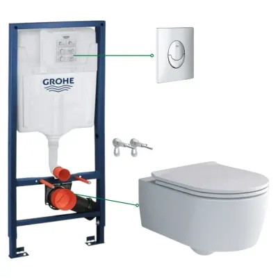 Set vas wc suspendat rimless cu capac Villeroy Boch, rezervor incastrat si clapeta crom Skate Air Grohe