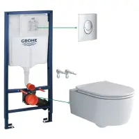 Set vas wc suspendat rimless cu capac Villeroy Boch, rezervor incastrat si clapeta crom Skate Air Grohe