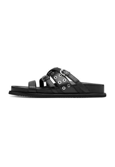 Papuci de casa din piele cu perforatii metalice - Negru