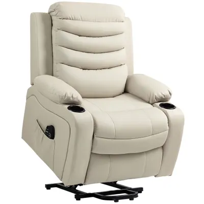 HOMCOM Fotoliu TV relax electric cu funcție de ridicare, masaj, încălzire, porturi USB, PU, crem | Aosom Romania