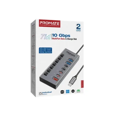 Hub USB Promate - GegaHub-10G, 7-în-1, 10Gbps, 36W, gri