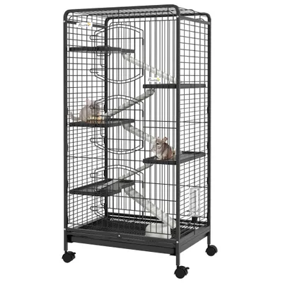 PawHut Cușcă pentru Animale Mici și Rozătoare cu Roți, 5 Rampe și 5 Platforme, 61.5x44x131 cm, Negru | Aosom Romania