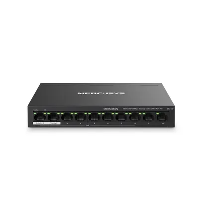 Switch cu 10 porturi Mercusys MS110P, 2000 MAC, 10/100Mbps, 8 porturi PoE+, buget PoE 65W, fara management