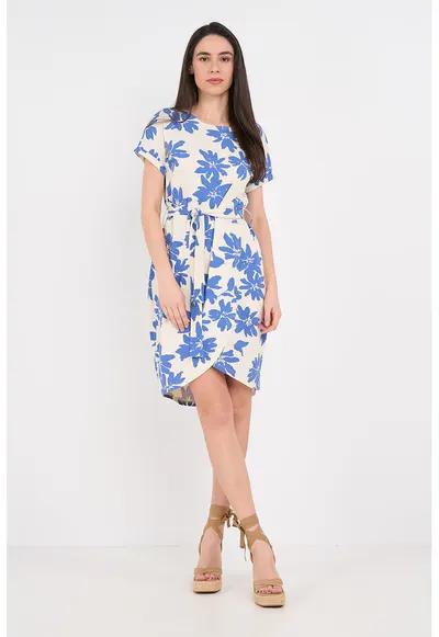 Rochie cu imprimeu si cordon in talie - Albastru pastel/Alb murdar