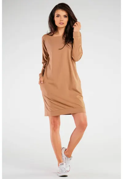Rochie din bumbac cu maneci lungi - - Bej